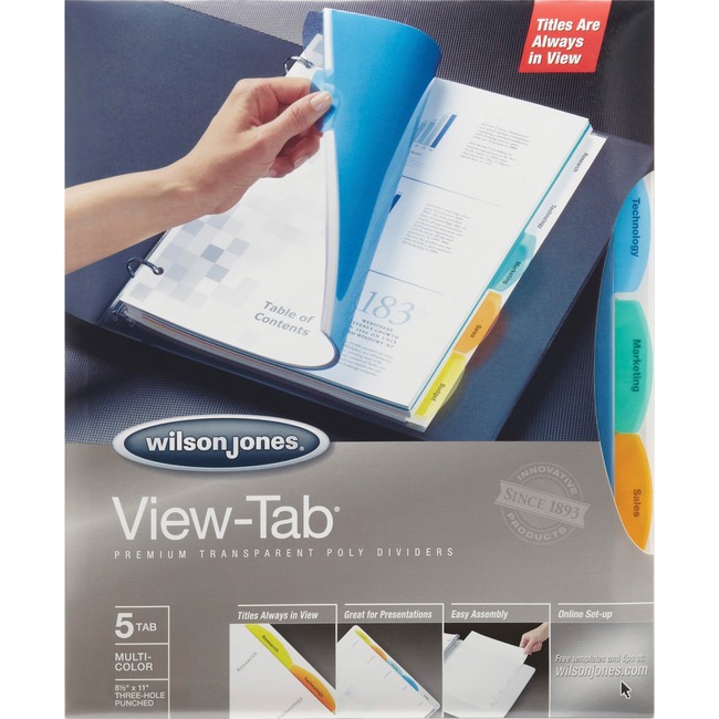 Wilson Jones® View-Tab® Transparent Dividers, 5-Tab Set, Multicolor Square Tabs