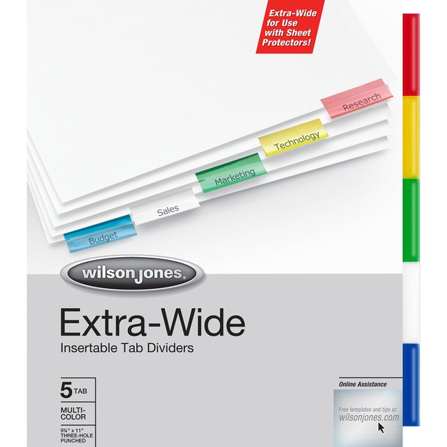 Wilson Jones® Oversized Insertable Dividers, 5-Tab Set, Multicolor Tabs