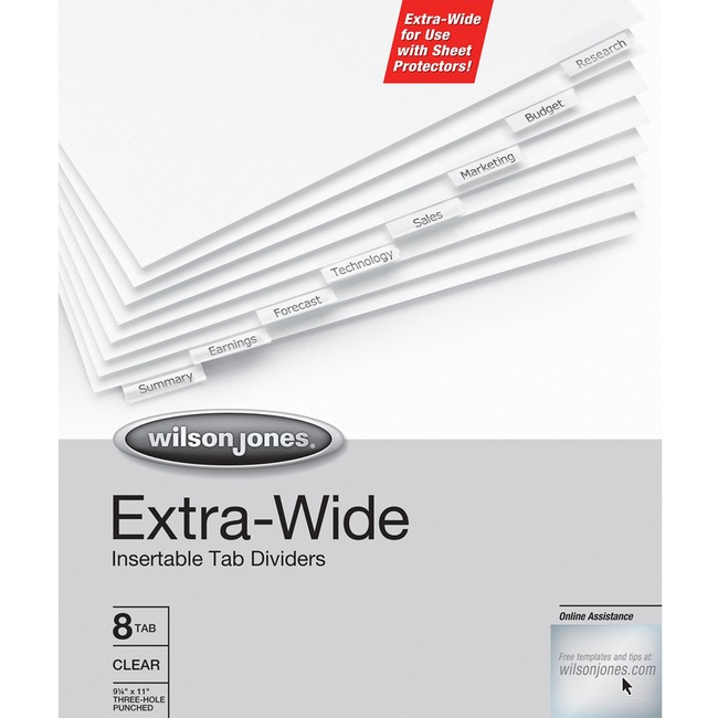 Wilson Jones® Oversized Insertable Dividers, 8-Tab Set, Clear Tabs