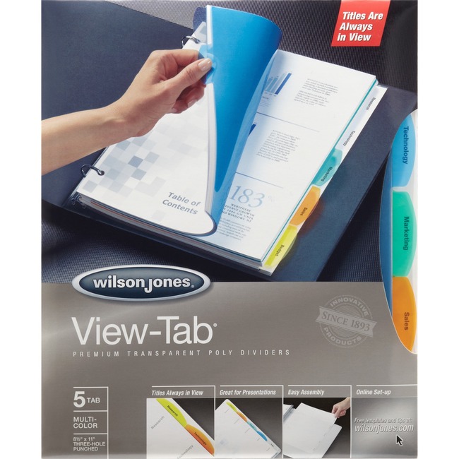 Wilson Jones® View-Tab® Transparent Dividers, 5-Tab Set, Square Multicolor, 5 Pack
