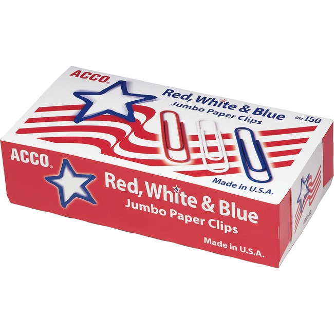 ACCO® Nylon Coated Paper Clips, Smooth Finish, Jumbo Size, Red, White & Blue, 150/Box