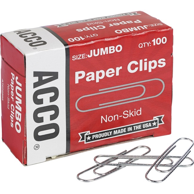 ACCO® Economy Jumbo Paper Clips, Non-skid Finish, Jumbo Size 1-7/8