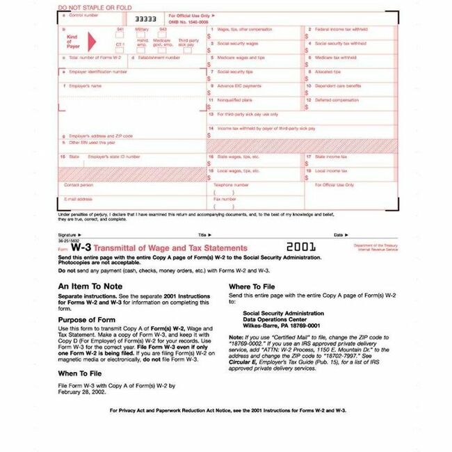 TOPS Continuous W-3 Transmittal of Wage Form