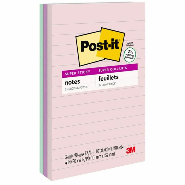 Post-it Super Sticky Recycled Notes, 4 in x 6 in, Bali Color Collection, Lined