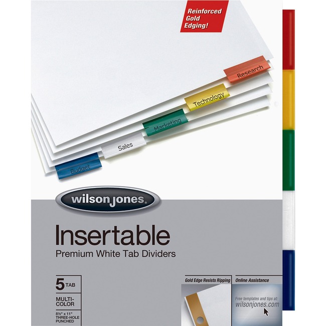 Wilson Jones® Insertable Dividers - Gold Line, 5-Tab Set, Multicolor Tabs on White Paper