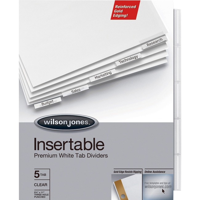 Wilson Jones® Insertable Dividers - Gold Line, 5-Tab Set, Clear Tabs on White Paper