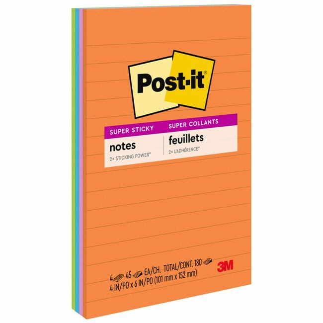 Post-it Super Sticky Notes, 4 in x 6 in, Rio de Janeiro Color Collection, Lined