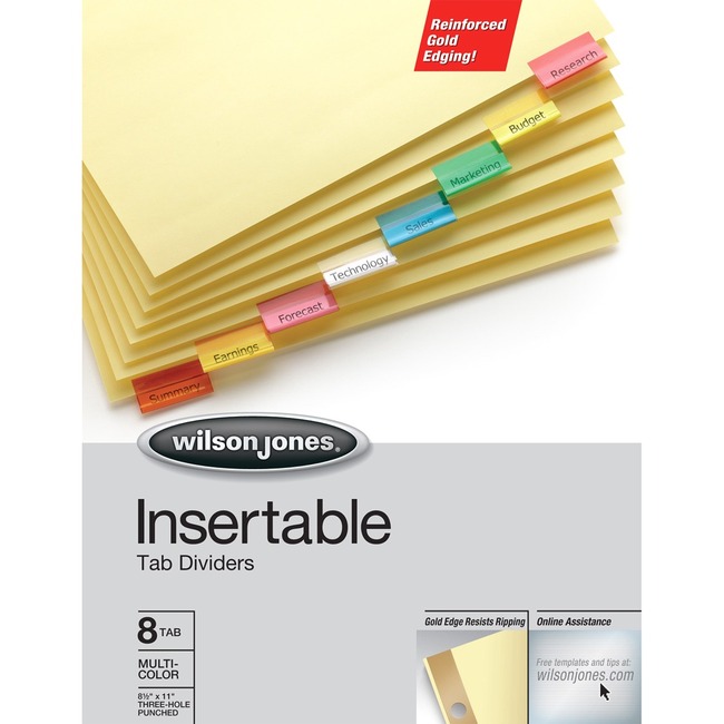 Wilson Jones® Insertable Dividers - Gold Line, 8-Tab Set, Multicolor Tabs on Buff Paper