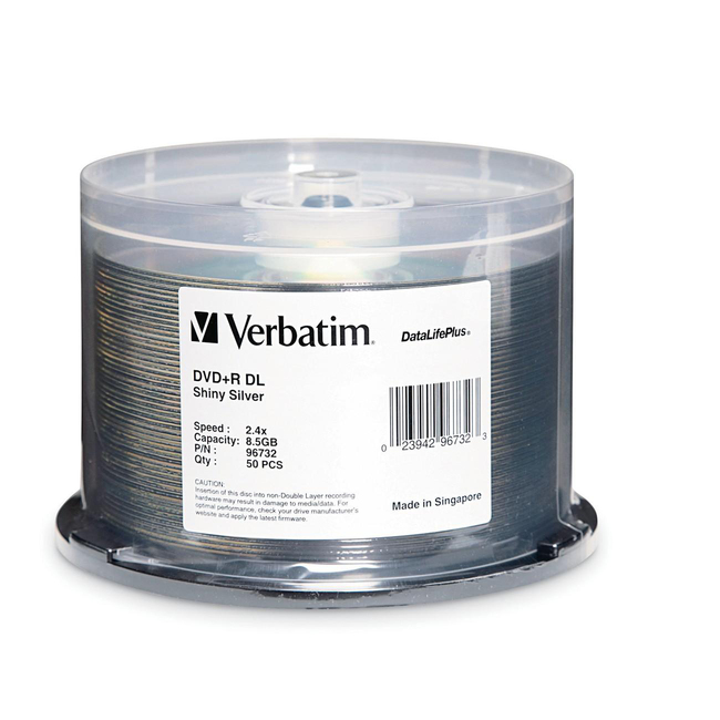 Verbatim Double Layer DVD+R DL 8.5GB 2.4x DataLifePlus Shiny Silver 50pk Spindle