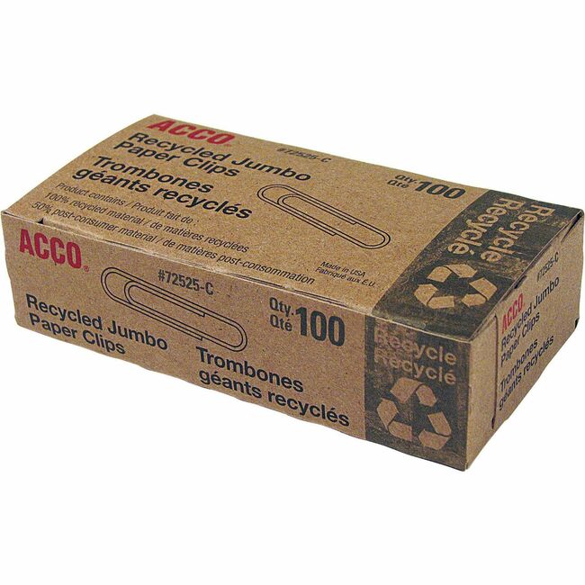 ACCO® Recycled Paper Clips, Smooth Finish, Jumbo Size, 100/Box