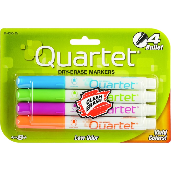 Quartet® Low Odor Dry-Erase Markers, Bullet Tip, Assorted Vivid Colors, 4 Pack