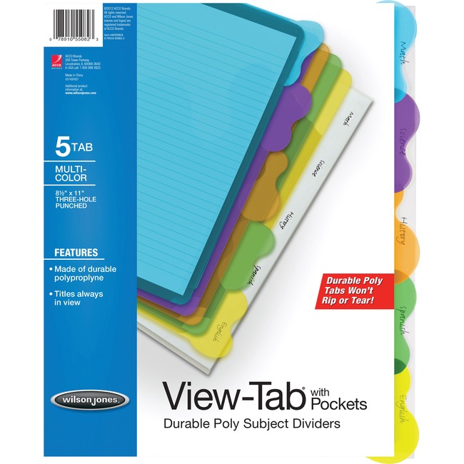 Wilson Jones® View-Tab® Transparent Dividers, Student Set w/Pocket, 5-Tab, Multicolor