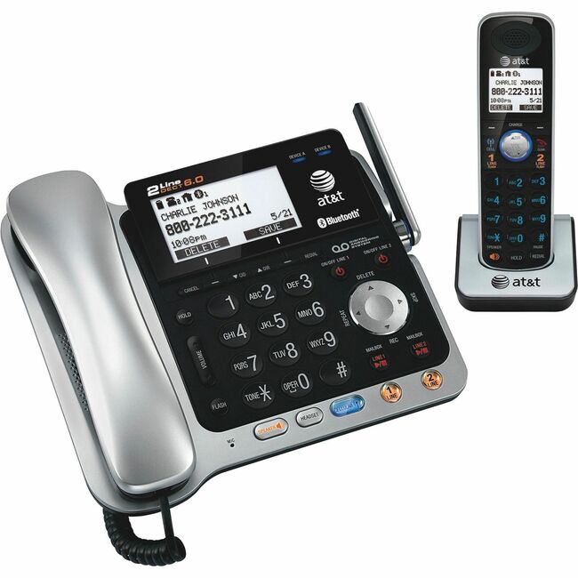 AT&T TL86109 DECT 6.0 2-Line Expandable Corded/Cordless Phone with Bluetooth Connect to Cell and Answering System, Silver/Black, 1 Handset