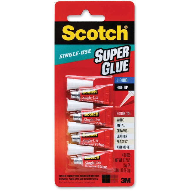Scotch® Super Glue Liquid, 4-Pack of single-use tubes, .017 oz each