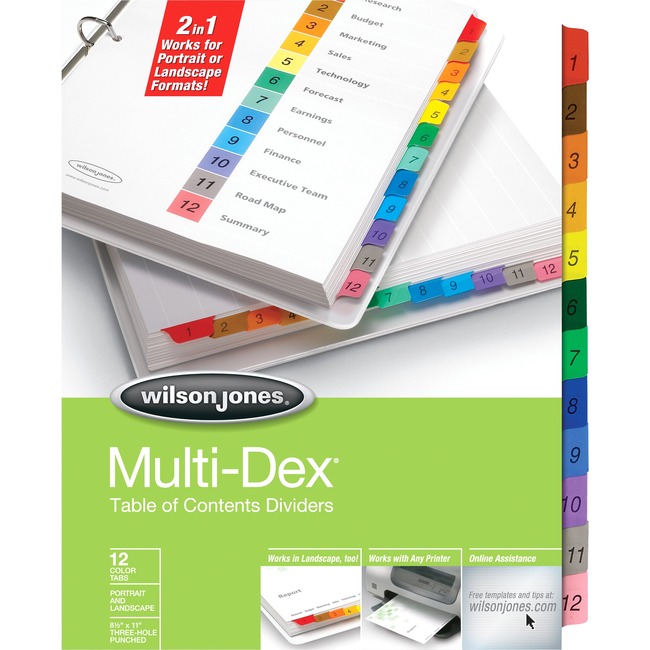 Wilson Jones® MultiDex® Dividers, 12-Tab Set, Multicolor Tabs