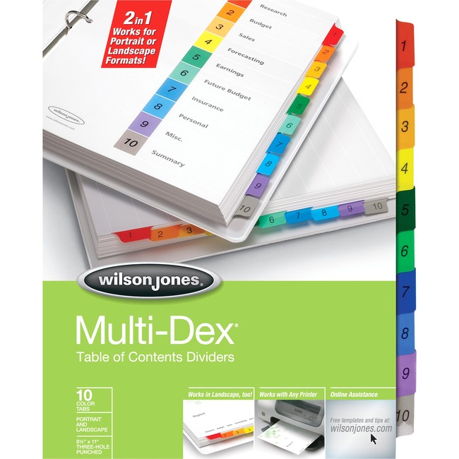 Wilson Jones® MultiDex® Dividers, 10-Tab Set, Multicolor Tabs