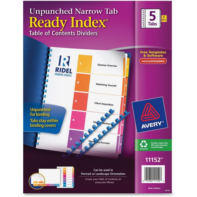 Avery Ready Index Narrow Tab Customizable Table of Contents Dividers - Unpunched