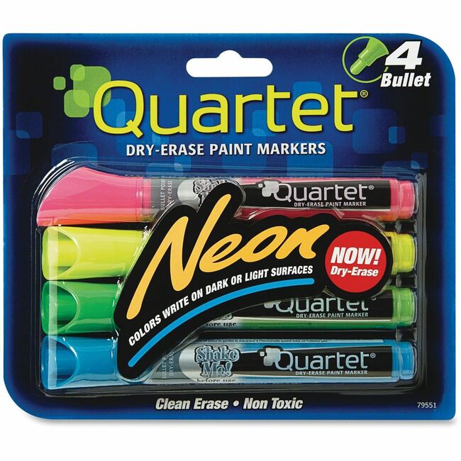 Quartet® Neon Dry-Erase Markers, Bullet Tip, Assorted Colors, 4 Pack