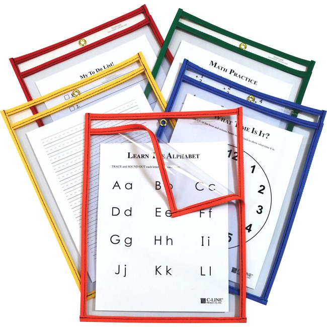 C-Line Products Super Heavyweight Plus Dry Erase Pockets, Assorted Primary Colors, 9 x 12, 25/BX