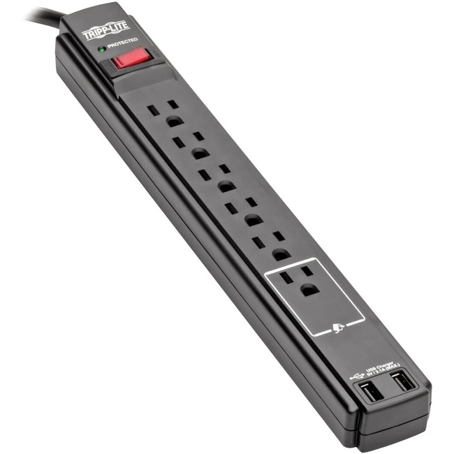 Tripp Lite Surge Protector Power Strip 6 Outlet 2 USB Ports 6 ' Cord Black - 6 x NEMA 5-15R, 2 x USB - 1875 VA - 990 J - 120 V AC Input - 6 x NEMA 5-15R, 2 x USB - 1.88 kVA - 990 J - 120 V AC Input