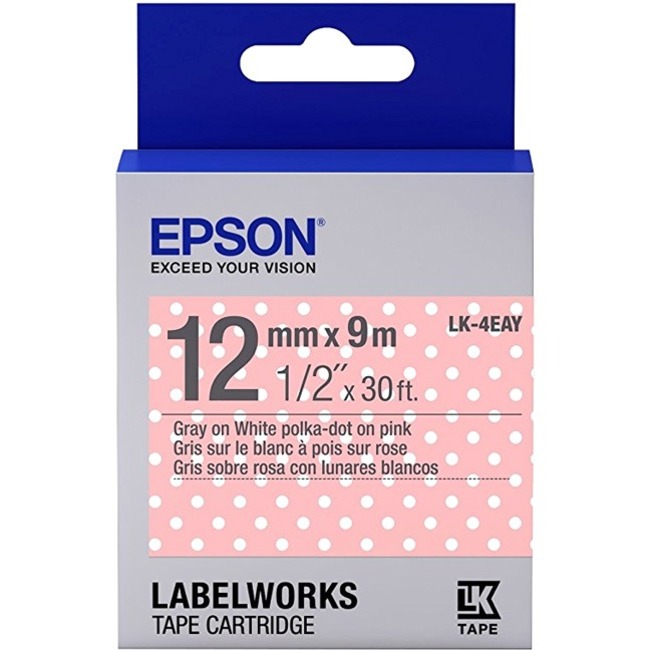 Epson LabelWorks Standard LK Tape Cartridge ~1/2" Gray on Pink Polka-Dot - x 1/2" (12.70 mm) Width - Thermal Transfer - Pink Polka Dot