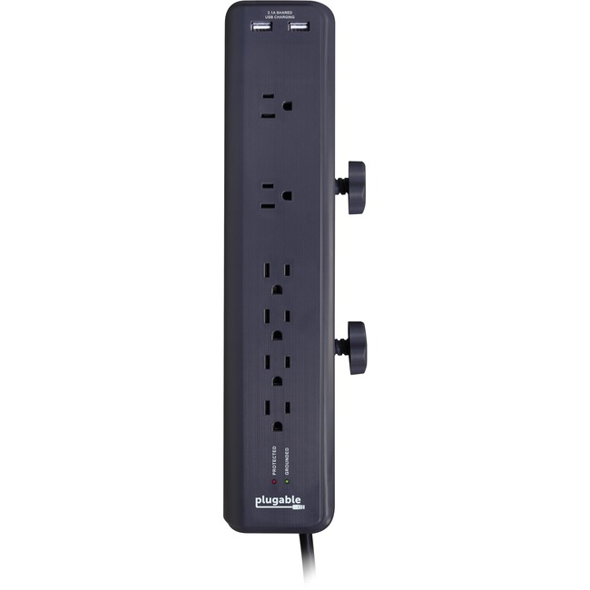 Plugable 6-Outlet Clamping Desk Mountable Power Strip With 2-Port USB Charger