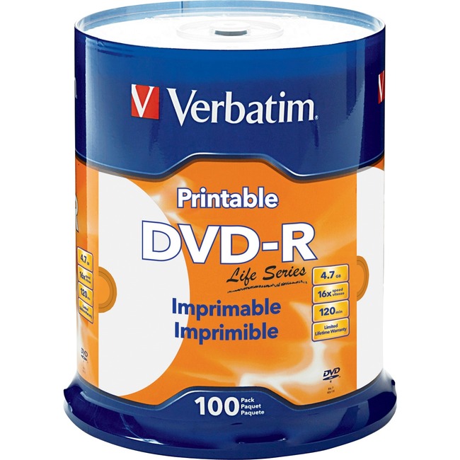 Verbatim DVD-R 4.7GB 16X Life Series White Inkjet Printable, Hub Printable-100pk Spindle