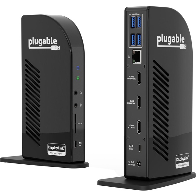 Plugable USB-C Triple Display Docking Station with Charging Support Power Delivery for Specific Windows USB Type-C and Thunderbolt 3 Systems - (2x HDMI and 1x DVI Outputs, 5x USB Ports, 60W USB PD)