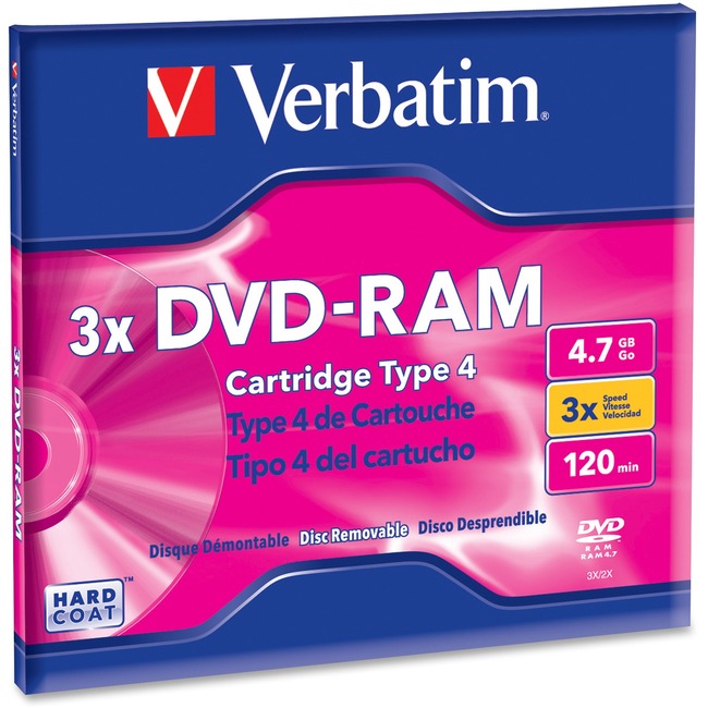Verbatim DVD-RAM 4.7GB 3X Single Sided, Type 4 with Branded Surface - 1pk with Cartridge