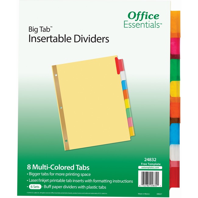 Avery® Office Essentials® Big Tab(TM) Insertable Dividers, Buff, 8 Multicolor Tabs, 6 Sets (24832)