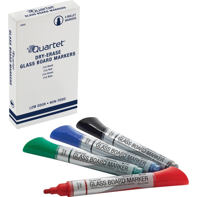 Quartet® Premium Glass Board Dry-Erase Markers, Bullet Tip, Assorted Colors, 4 Pack