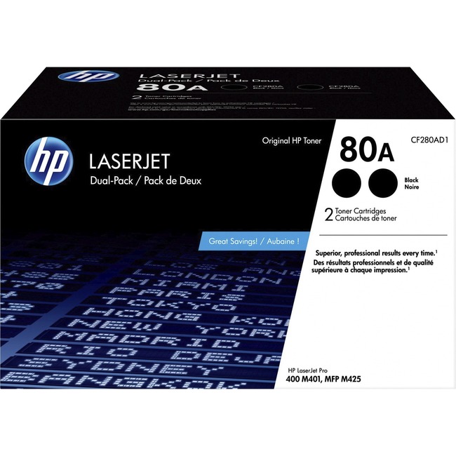 HP 80A (CF280AD1) Toner Cartridge - Black - Laser - 2560 Pages (Per Cartridge) - 2 Pack