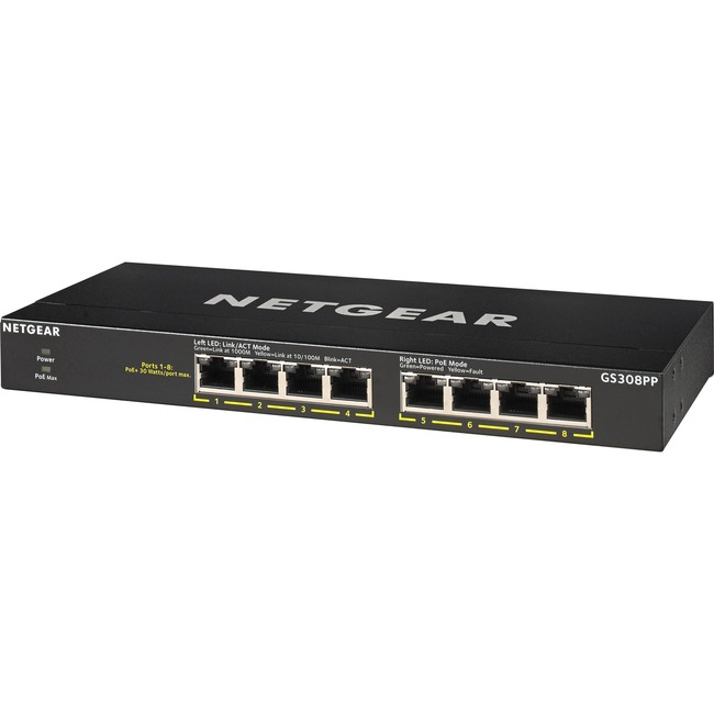 NETGEAR (GS308PP) Ethernet Switch - 8 Ports - 2 Layer Supported - Twisted Pair - Desktop, Wall Mountable, Rack-mountable - 3 Year Limited Warranty