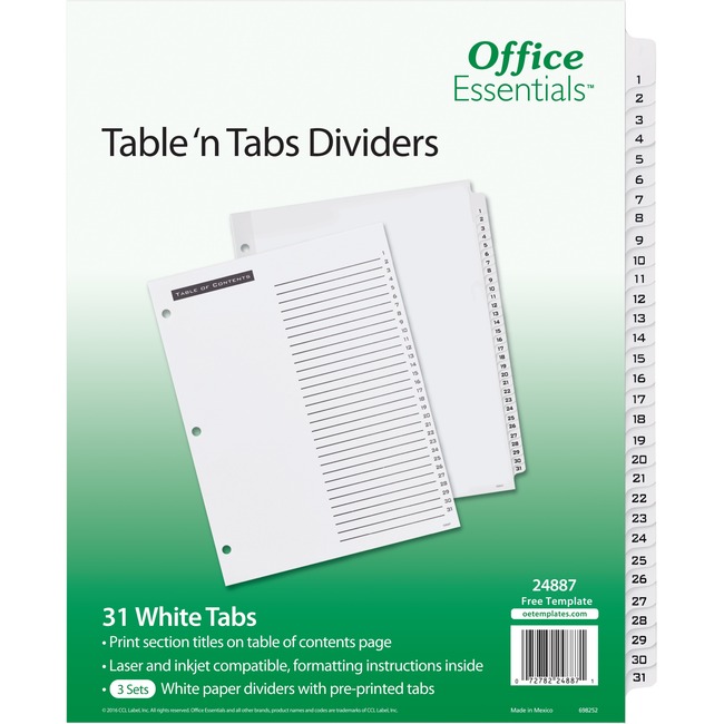 Avery® Table n Tabs White Tab Numbered Dividers