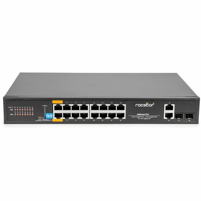 Rocstor SolidConnect SC20 20-Port Switch, 16-Port PoE+ Gigabit Unmanaged Ethernet Port, 2x Gigabit RJ45 & 2× SFP Uplink - 802.3af/at