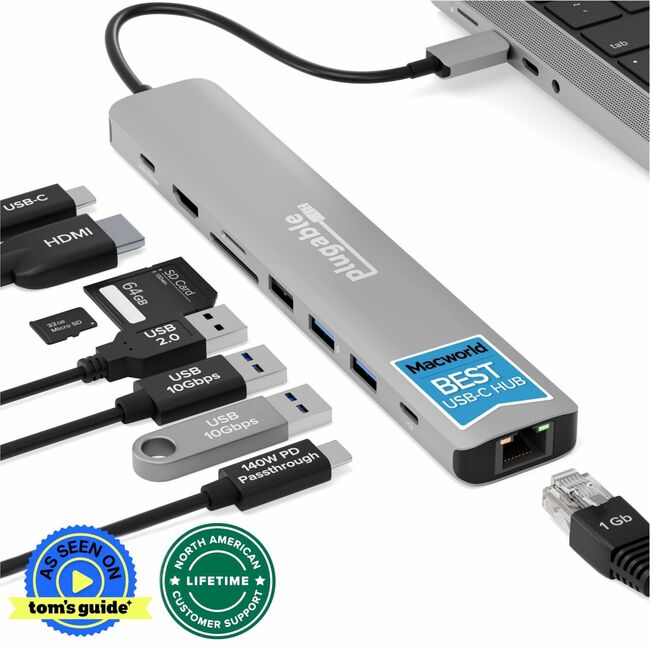 Plugable 9-in-1 USB-C Hub with 4K HDMI, 140W Pass-Through Charging