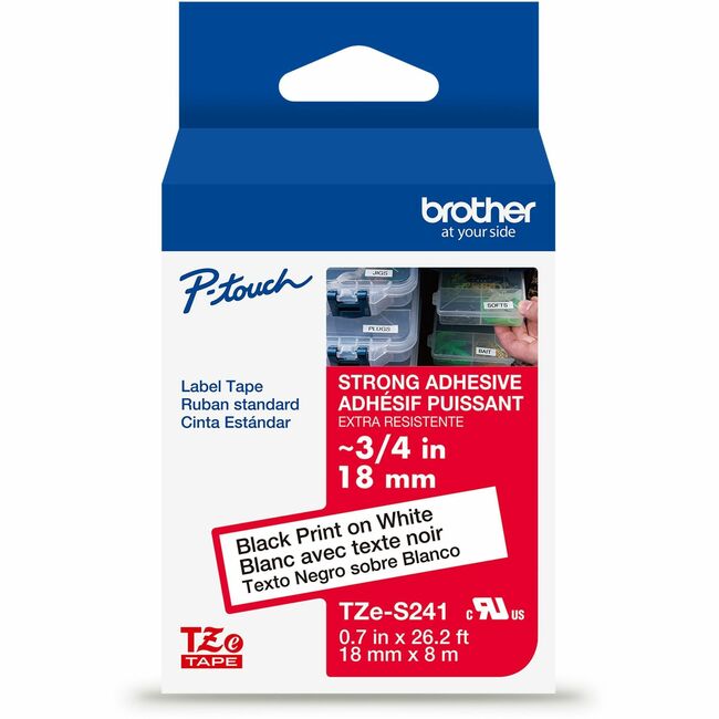 Brother Genuine P-touch TZeS241 BK on WHT Label Tape, Strong Adhesive Lam., 18mmX8m