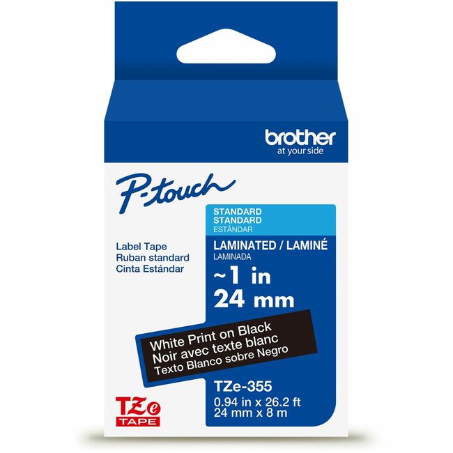 Brother Genuine P-touch TZe355 WHT on BK Label Tape, Laminated, 24mmX8m