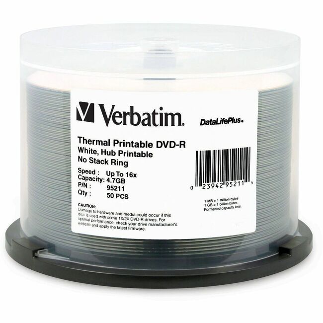 Verbatim DVD-R 4.7GB 16x DataLifePlus White ThermalHub Printable 50pk Spindle