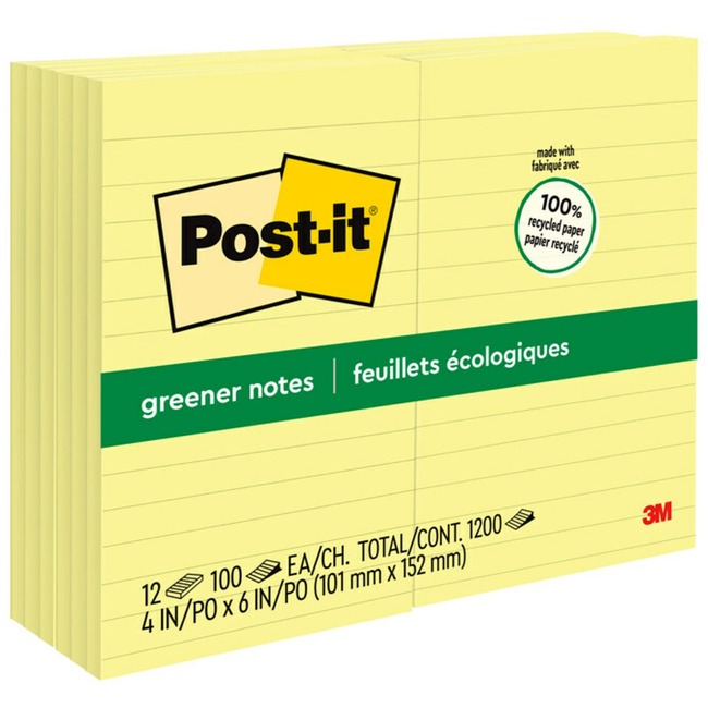 Post-it Greener Notes, 4 in x 6 in, Canary Yellow, Lined