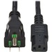 Eaton Tripp Lite Series Safe-IT Antibacterial Hospital-Grade Power Cord, 5-15P to C13 - Green Dot, 13A, 125V, 16 AWG, Black, 8 ft. Coiled Cord (2.4 m) - For Mobile Cart, Computer, Printer, Monitor, Television, UPS, PDU, Scanner, PC - 125 V AC13 A - Black 
