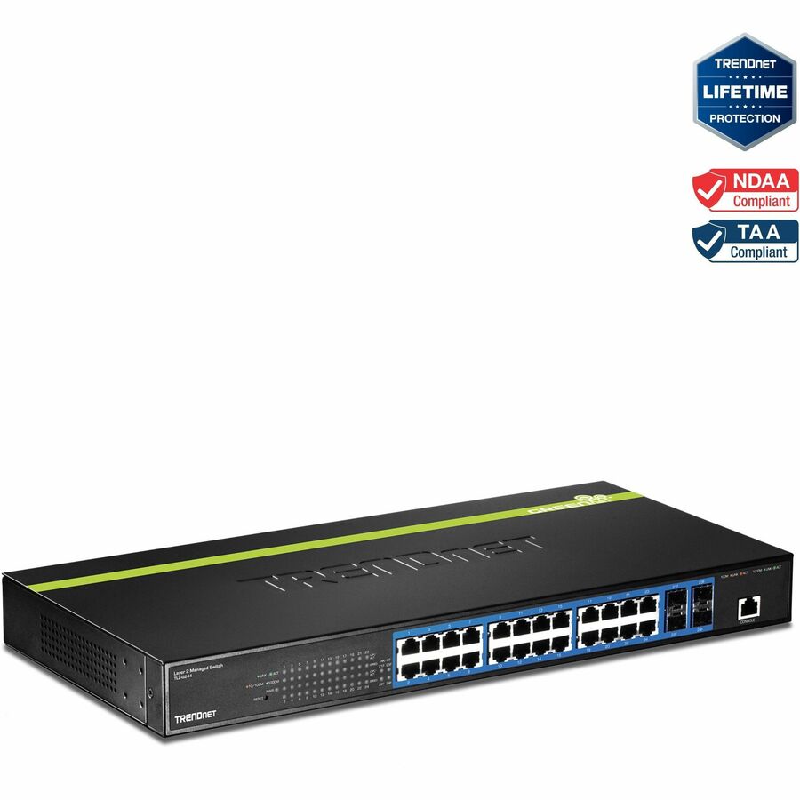 TRENDnet 24-Port Gigabit Layer 2 Switch with 4 Shared Mini-GBIC Slots; 48 Gbps Switching Capacity; SNMP; Lifetime Protection; TL2-G244