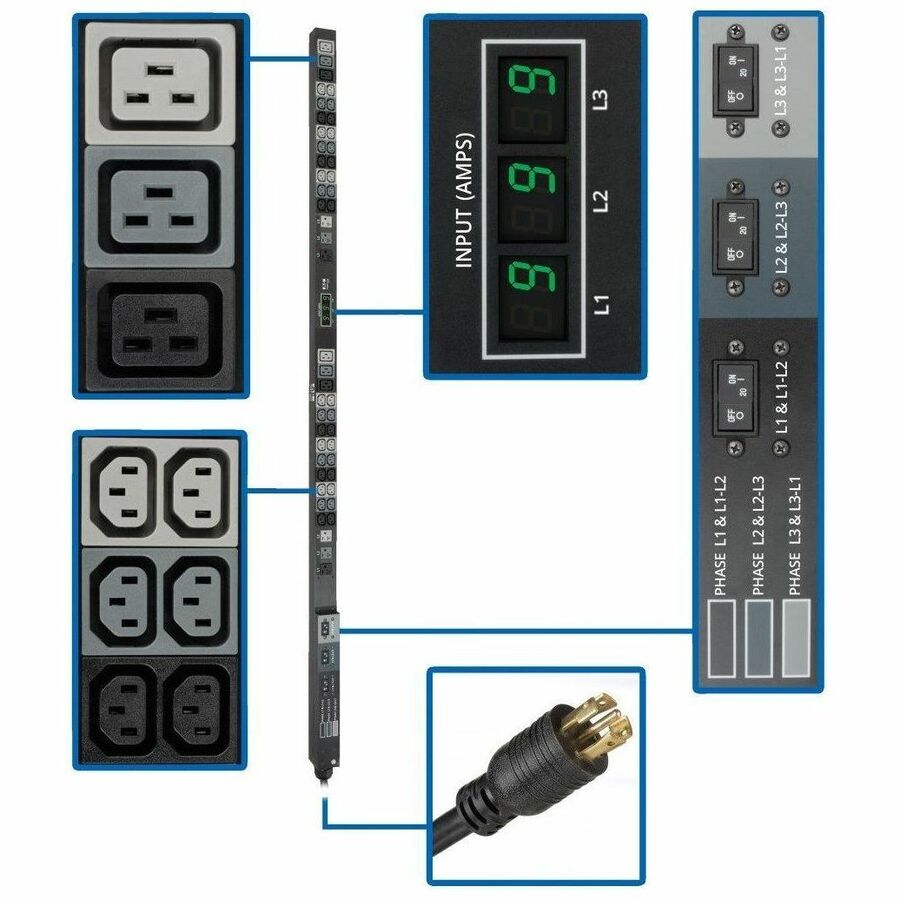 Tripp Lite by Eaton PDU 8.6kW 3-Phase Local Metered PDU 208/120V Outlets (36 C13 6 C19 6 5-15/20R) 208V L21-30P 6 ft. (1.83 m) Cord 0U Vertical TAA