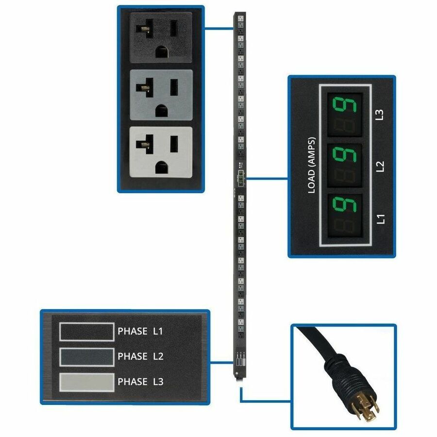 Eaton Tripp Lite Series 5.7kW 3-Phase Local Metered PDU, 120V Outlets (42 5-15/20R), 208V L21-20P input, 6 ft. (1.83 m) Cord, 0U Vertical, TAA