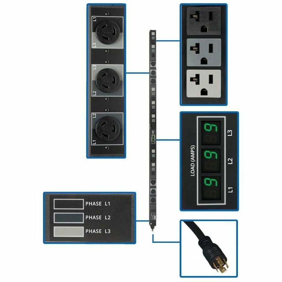 Eaton Tripp Lite Series 5.7kW 3-Phase Local Metered PDU, 208/120V Outlets (21 5-15/20R, 6 L6-20R), L21-20P, 6 ft. (1.83 m) Cord, 0U Vertical, TAA