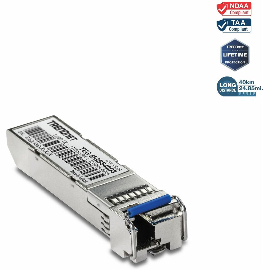 TRENDnet SFP to RJ45 Dual Wavelength Single-Mode LC Module; TEG-MGBS40D3; Must Pair with TEG-MGBS40D5 or a Compatible Module; Up to 40km (24.85 miles); Standard SFP Slot Compatible; Lifetime Protection