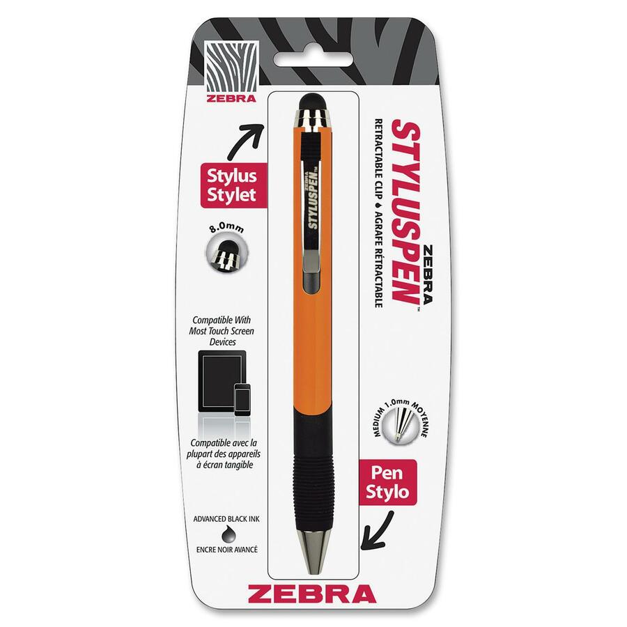 Zebra Pen Touchscreen Retract Stylus Pen, 8.0mm, Orange