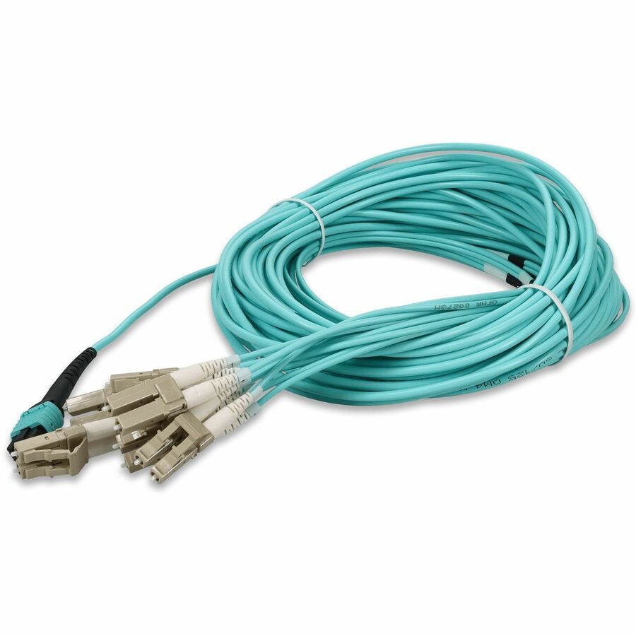 AddOn 30m MPO/UPC to 6xLC/UPC Duplex Aqua OM3 OFNR (Riser-Rated) 12-Strand Fiber Fanout Cable, MMF (Multi Mode), 50/125