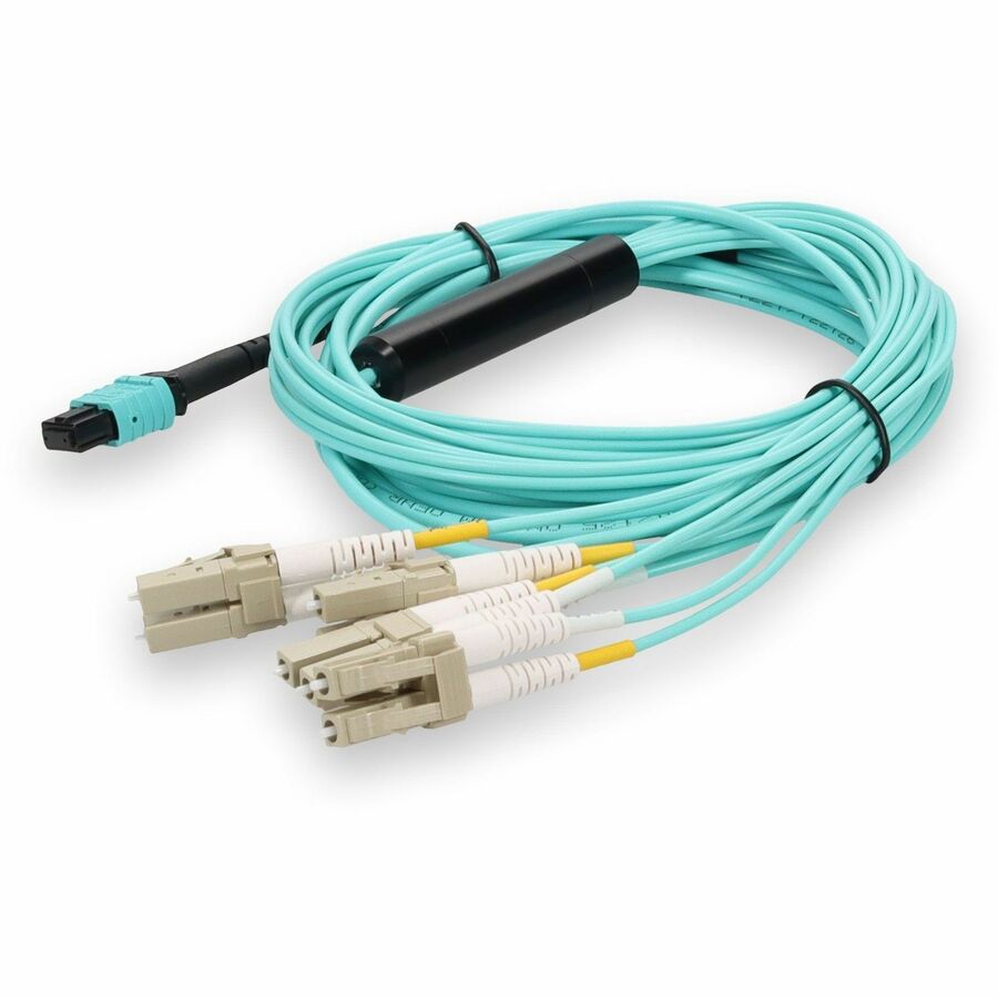 AddOn 3m MPO/UPC to 4xLC Duplex (8xLC)/UPC Aqua OM3 OFNR (Riser-Rated) 8-Strand Fiber Fanout Cable, MMF (Multi Mode), 50/125