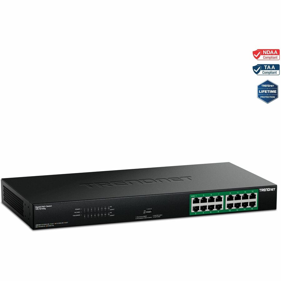 TRENDnet 16-Port Gigabit PoE+ Switch, TPE-TG160g, 16 x Gigabit PoE+ Ports, 246W PoE Power Budget, 32 Gbps Switching Capacity, Ethernet Splitter, Metal, Lifetime Protection, Black